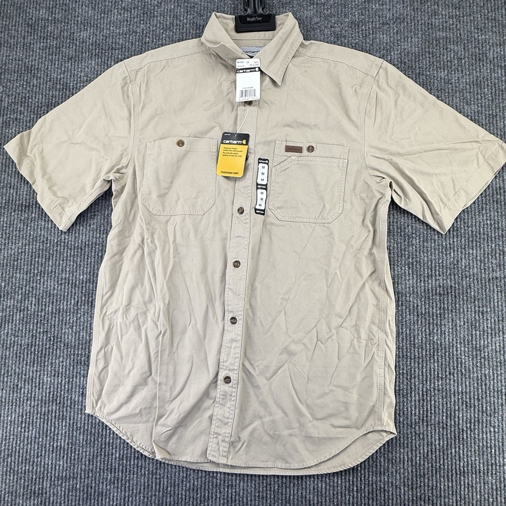 Carhartt Men's 100% Cotton Beige Short Sleeve Button-Up Shirt M w/Pockets